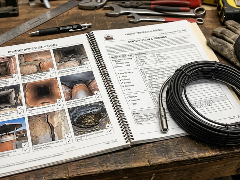 inspection report open beside the flue camera on a chimney in Hamilton, NJ