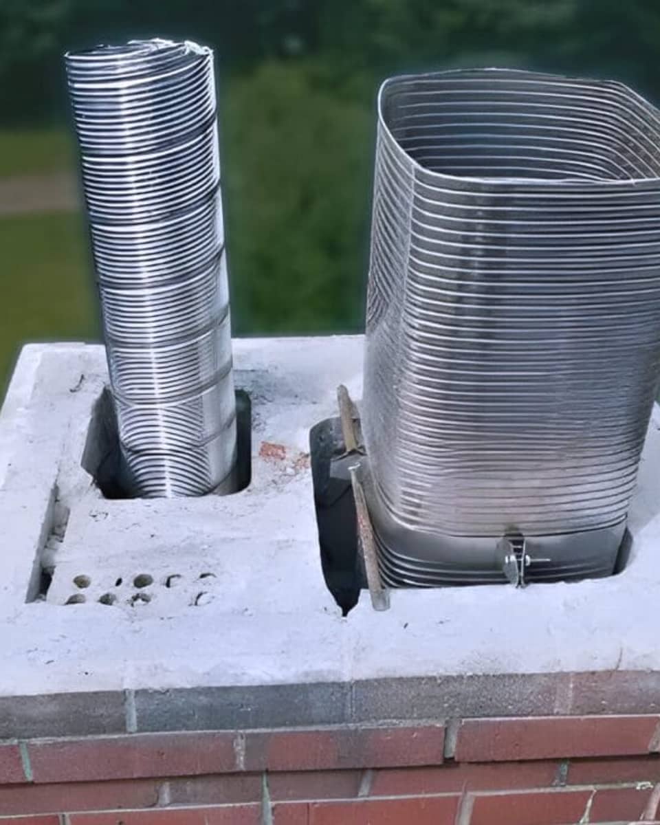 Two stainless steel chimney liners set into the crown on a chimney in Hamilton, NJ