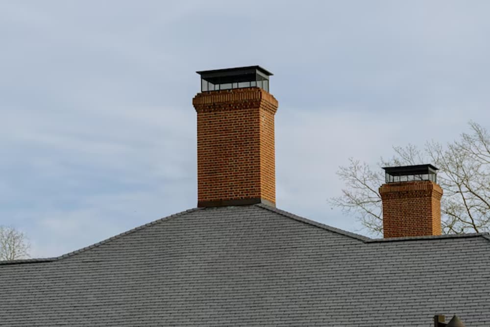 Brick chimney above the roofline on a home in Allentown, NJ
